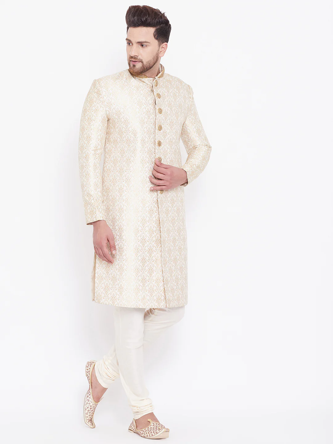 Men's Beige And Gold Embroidered Brocade Sherwani Set - Image 3