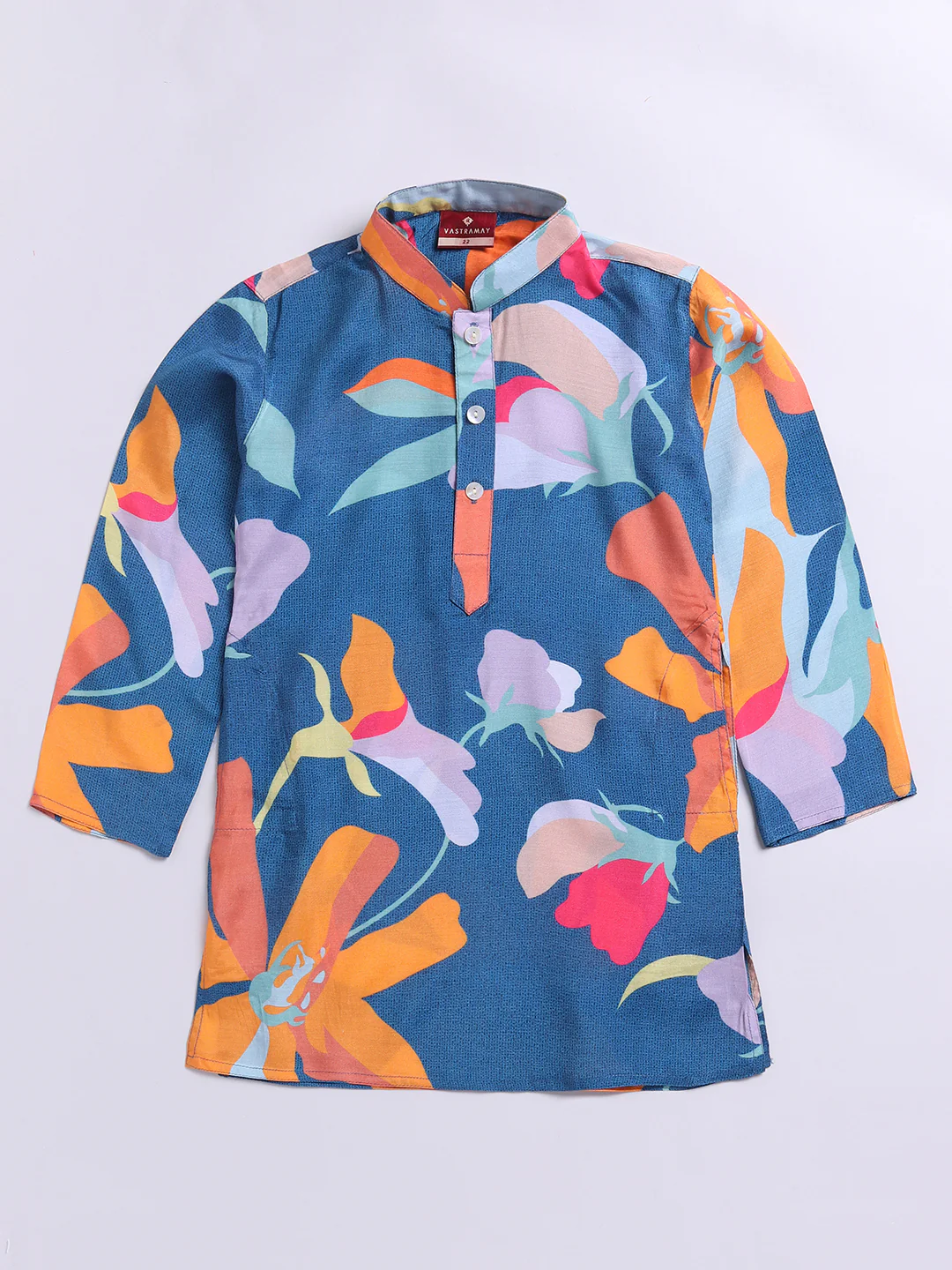 Boy's Blue Floral Printed Pure Viscose Kurta Pyjama Set - Image 3