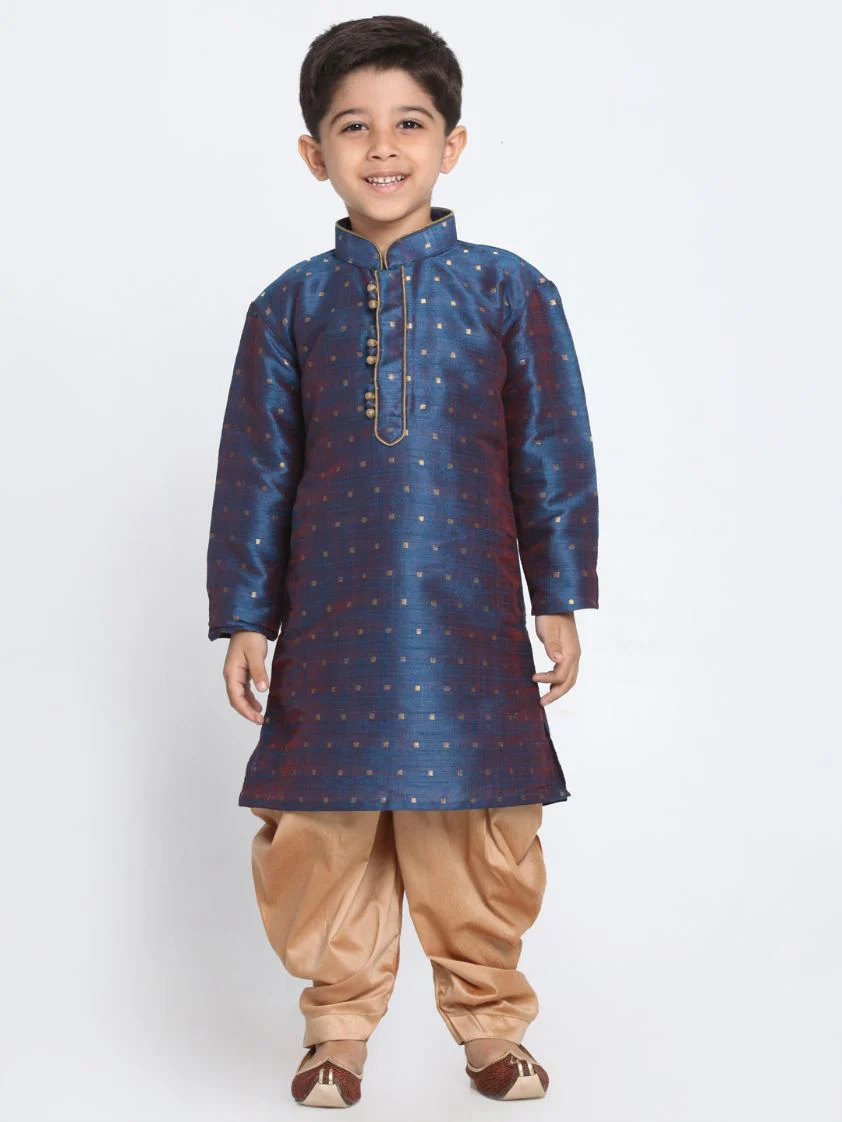 VASTRAMAY Boys' Deep Blue Cotton Silk Blend Kurta and Rose Gold Dhoti Pant Set - Image 6