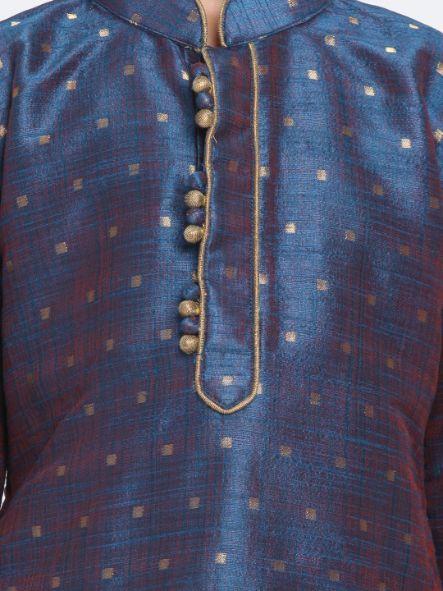 Boys' Dark Blue Cotton Silk Blend Kurta and Pyjama Set - Image 3