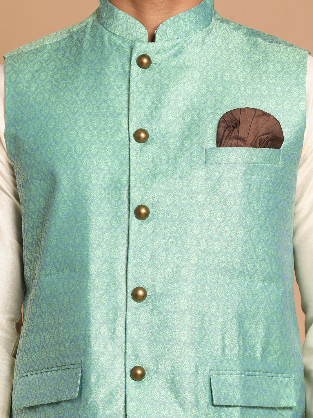 Men's Green Jacquard Nehru Jacket With Kurta Pyjama Set - Image 4