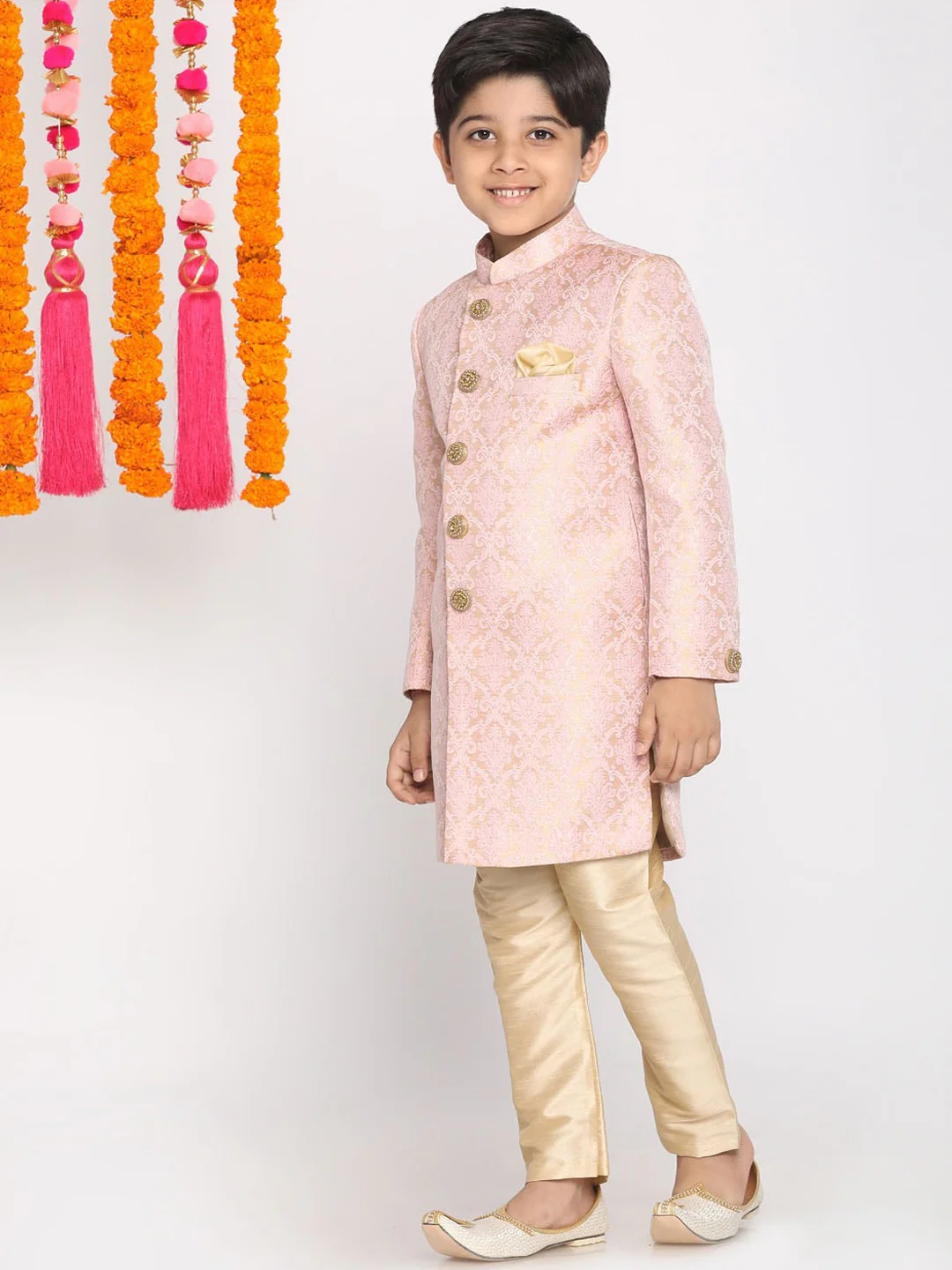 Boy's Pink & Gold-Colored Woven-Design Brocade Slim Fit Sherwani Set - Image 4