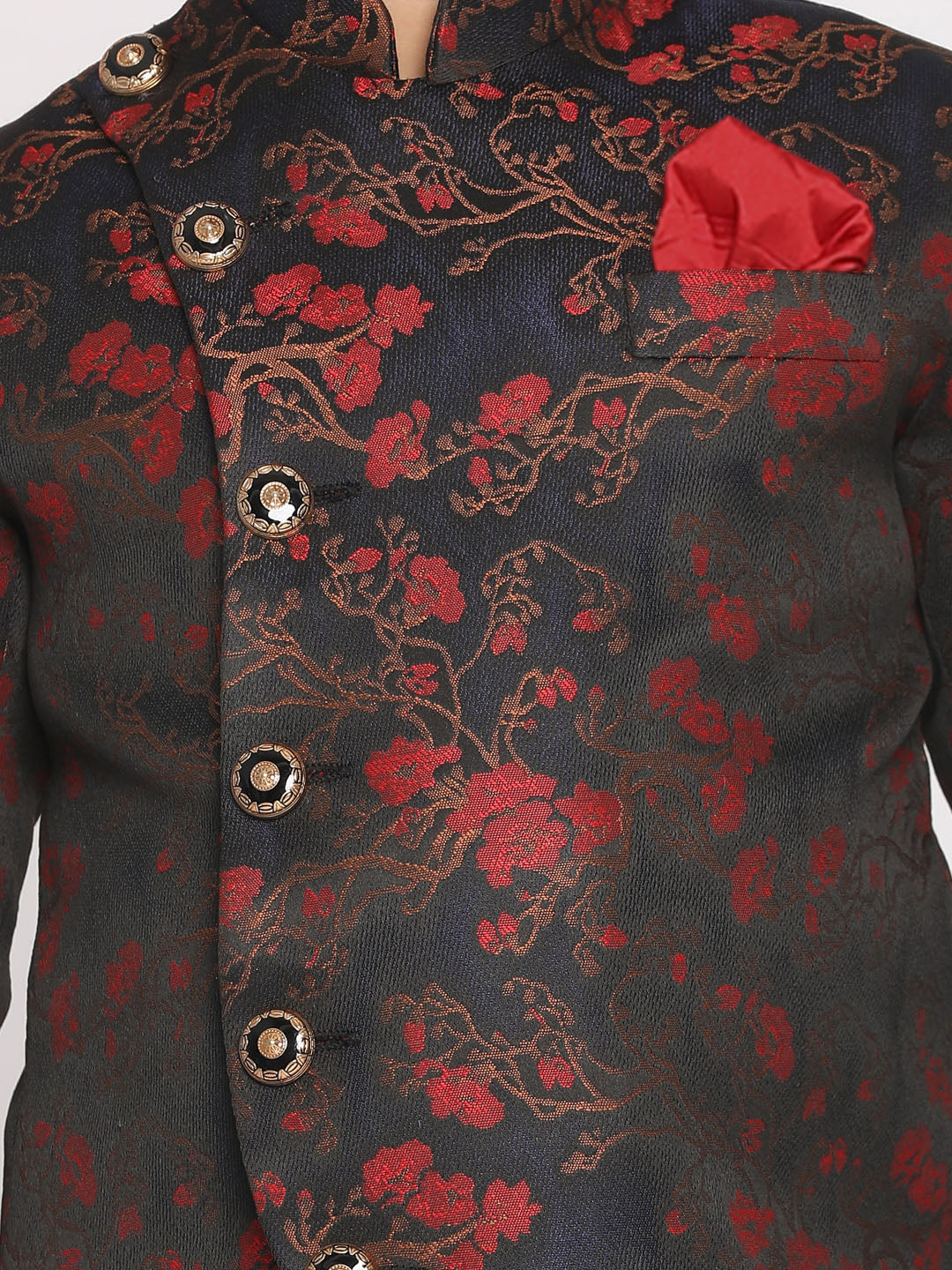 Boy's Maroon Woven Design Silk Blend Bandhgala Blazer - Image 4