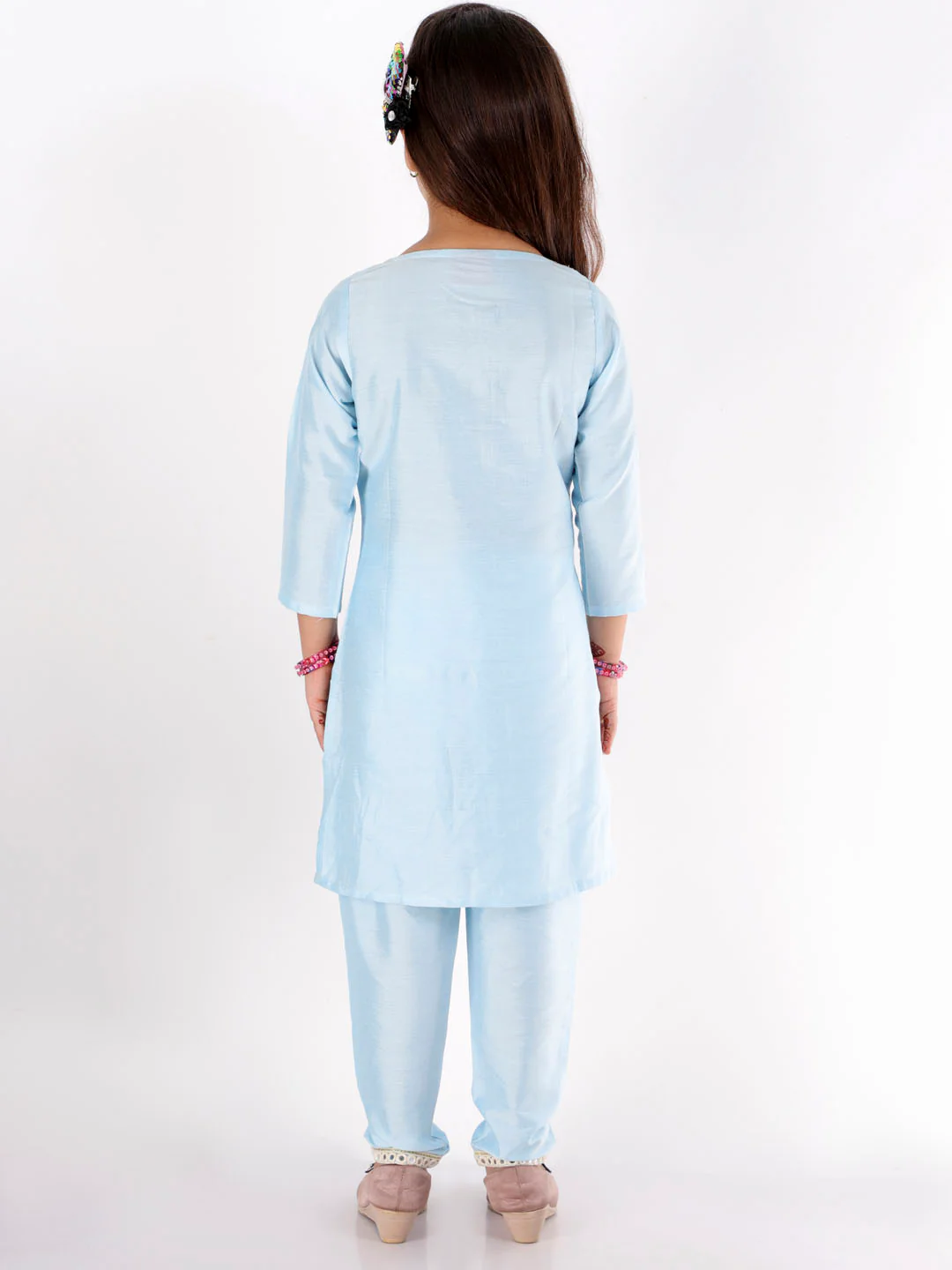 Girl's' Aqua Viscose Kurta Pant Set - Image 4
