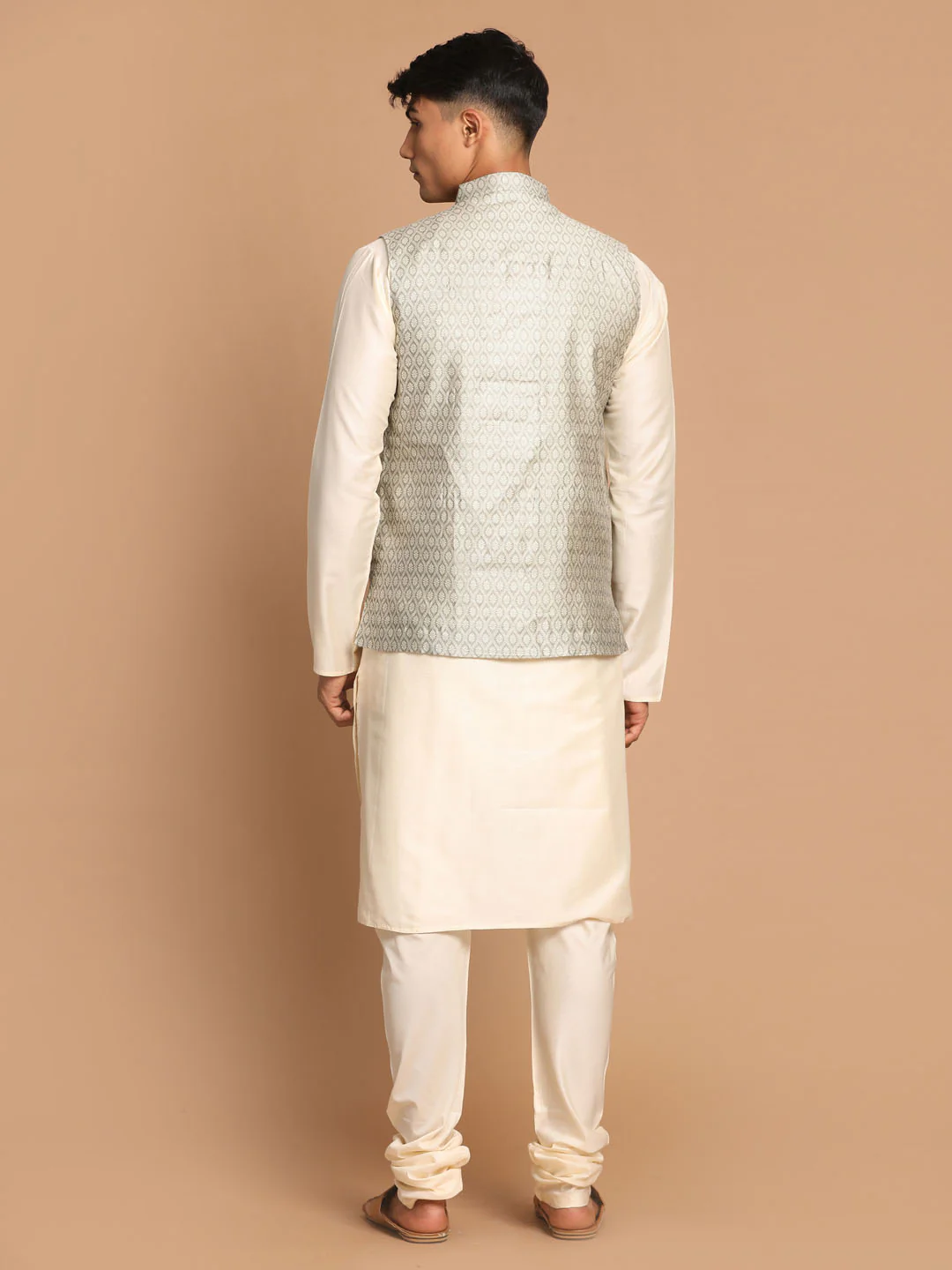 Men's Beige Jacquard Nehru Jacket With Kurta Pyjama Set - Image 3
