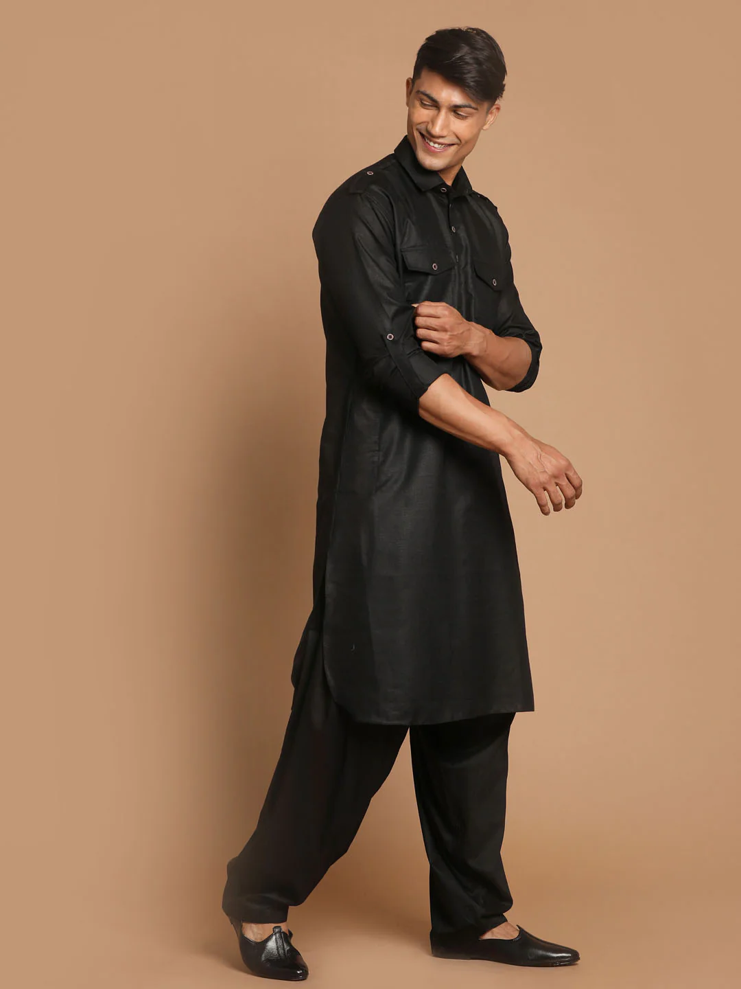 Men's Black Cotton Blend Pathani Suit Set - Image 3