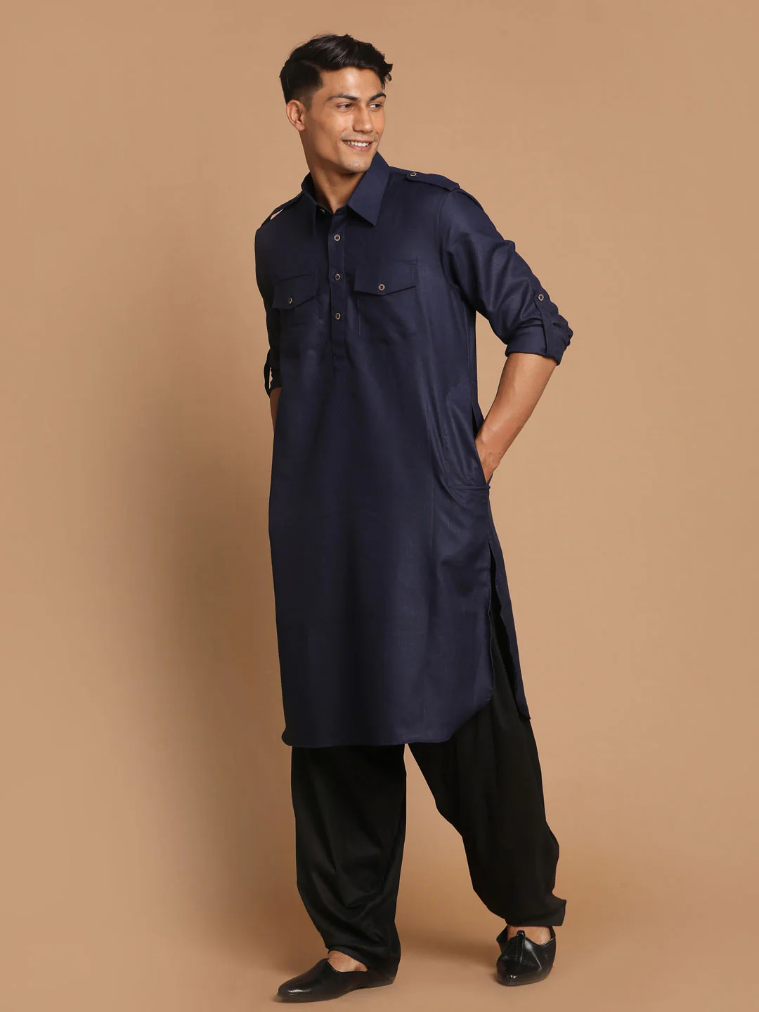 Men's Blue Cotton Blend Pathani Suit Set - Image 3