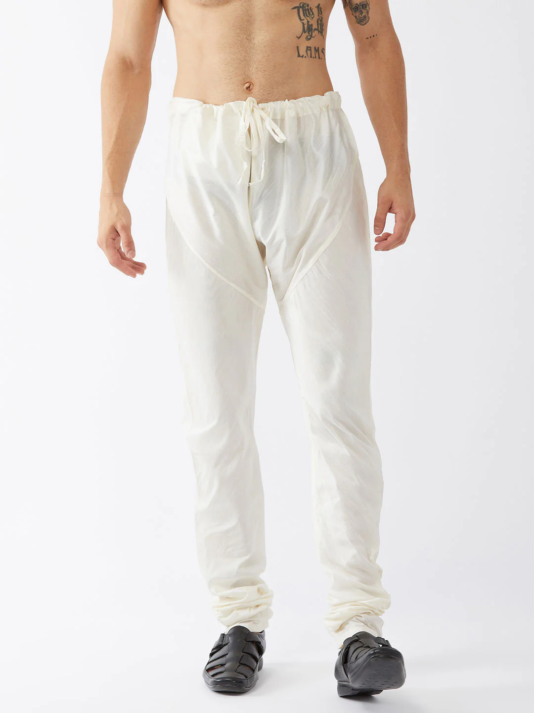 VASTRAMAY Men's Cream Solid Relax Fit Churidar