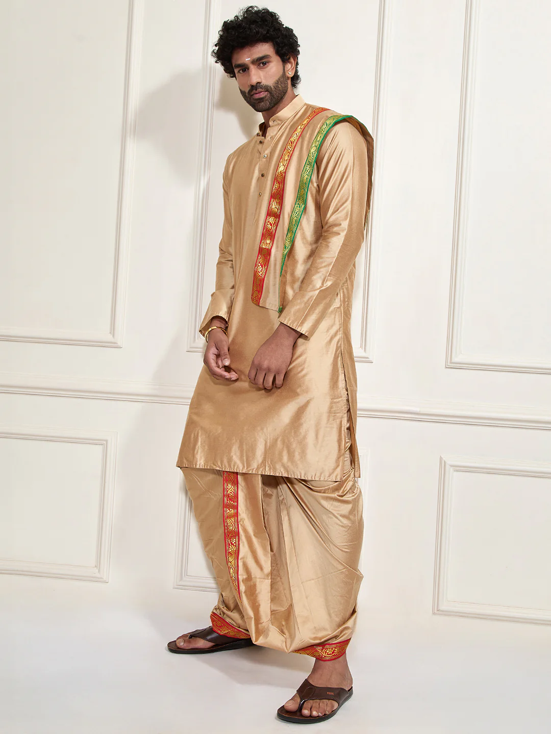 Men's Rose Gold Cotton Blend Kurta Dhoti And Dupatta Set - Image 6