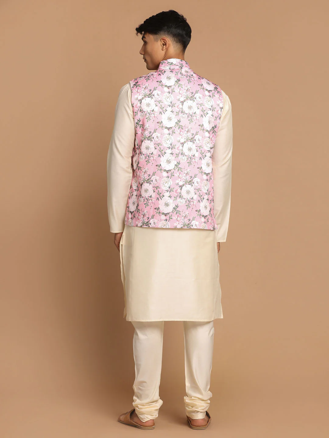 Men's Pink Digital Floral Printed Royal Angrakha Nehru Jacket With Cream Kurta Pyjama Set - Image 3
