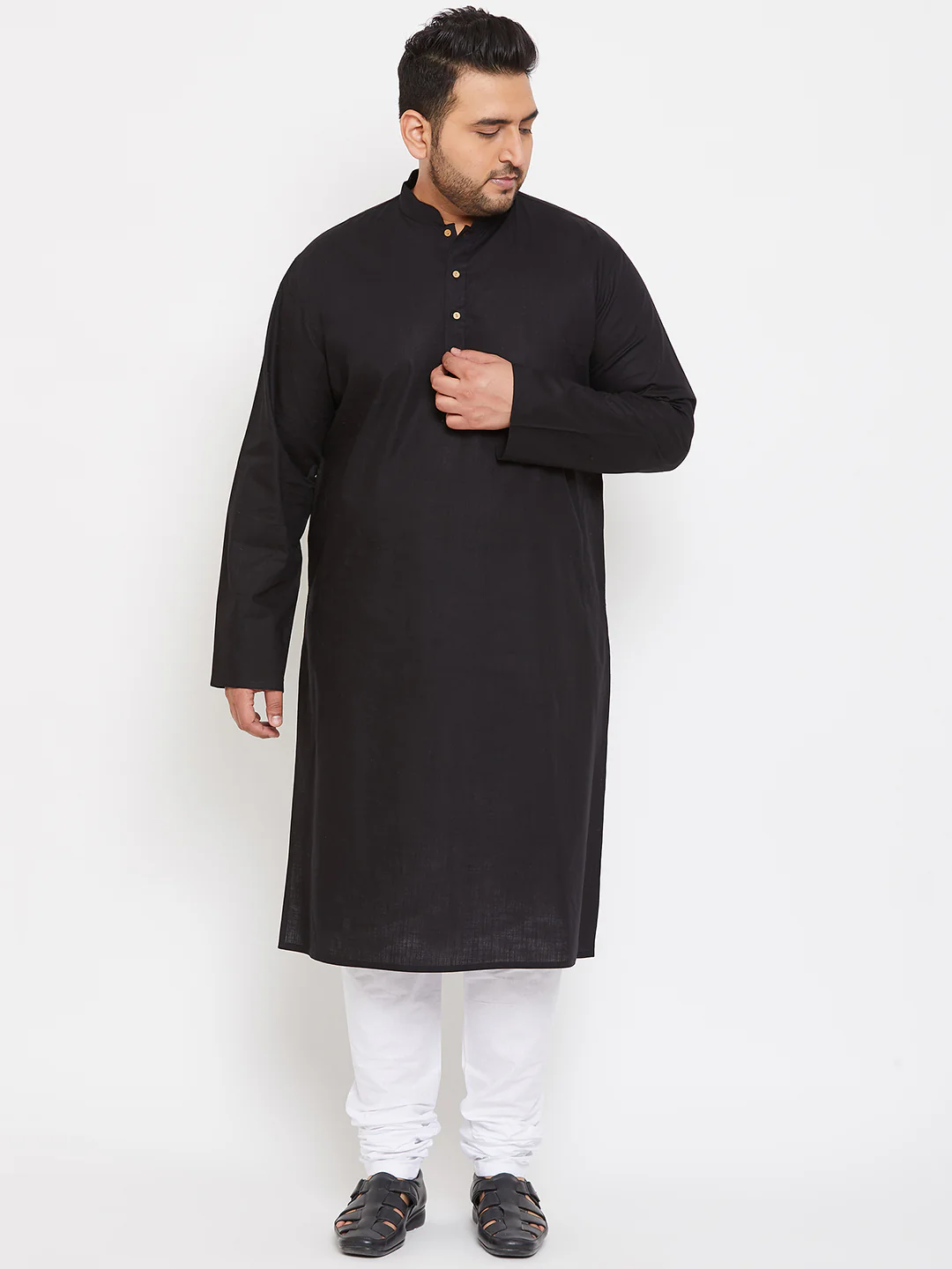 Men's Plus Size Black Cotton Kurta And Pyjama Set - Image 7