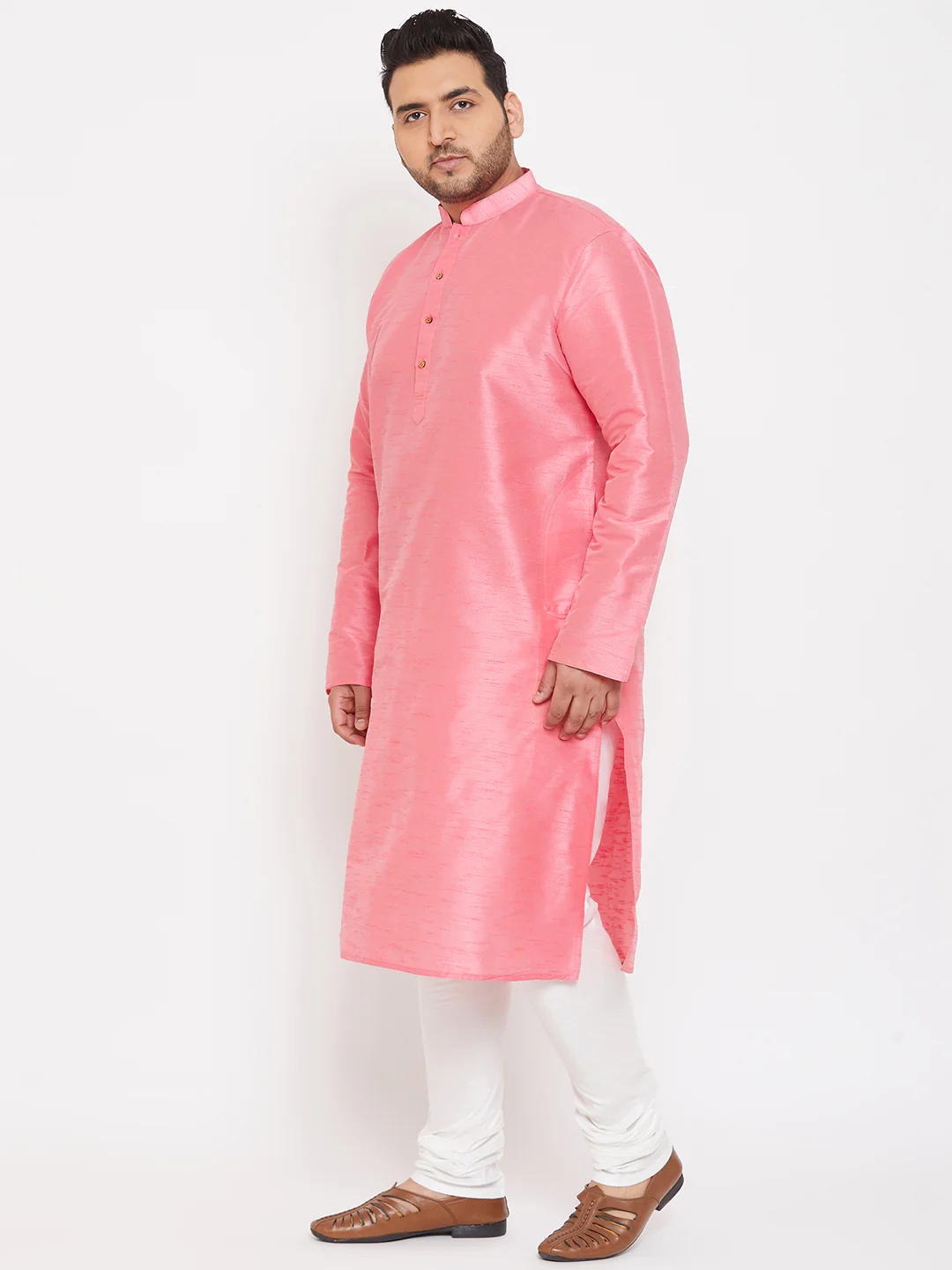Men's Plus Size Pink Silk Blend Kurta Pyjama Set - Image 2