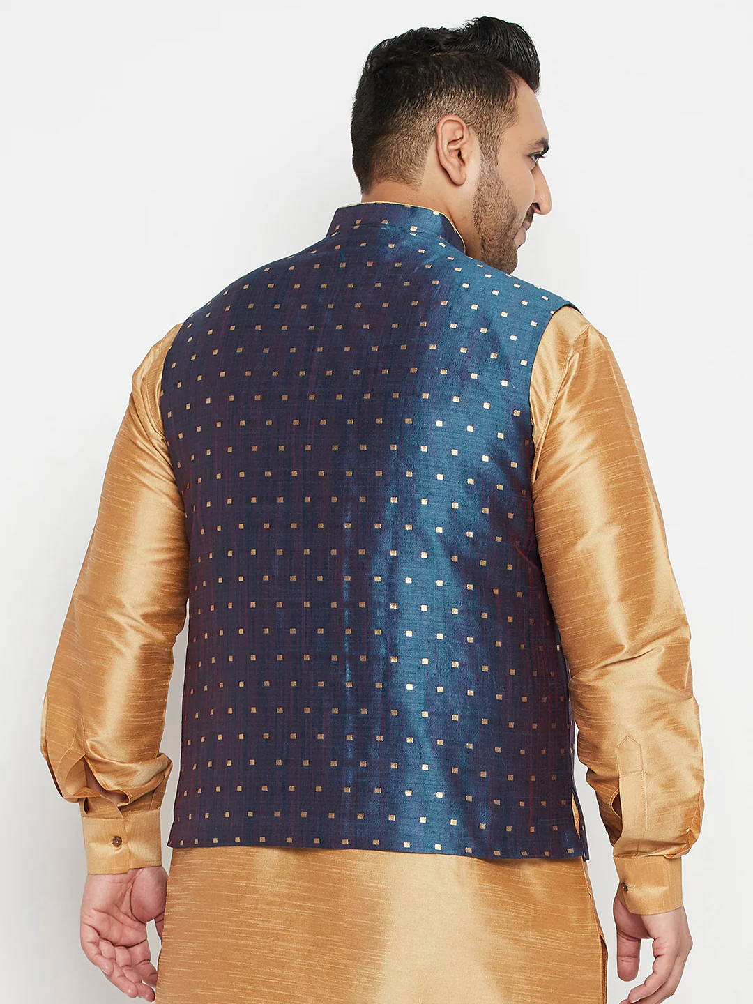 Men's Plus Size Blue Zari Weaved Nehru Jacket - Image 3
