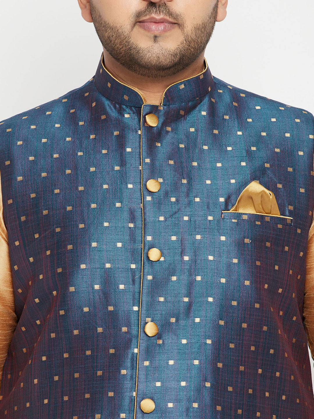 Men's Plus Size Blue Zari Weaved Nehru Jacket - Image 4