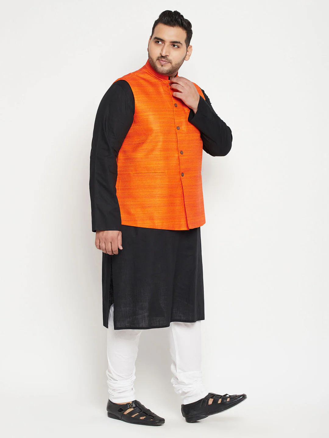 Plus Men's Black And White Pyjama Set With Orange Nehru Jacket Set - Image 2