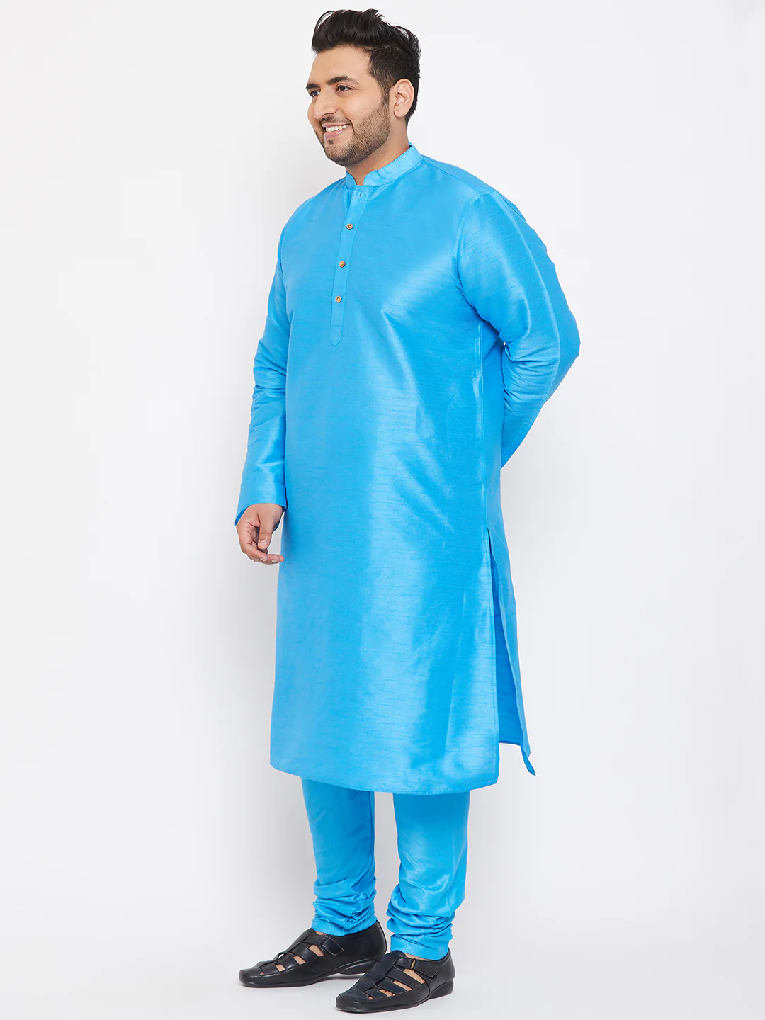 Men's Plus Size Aqua Blue Silk Blend Kurta Pyjama Set - Image 6