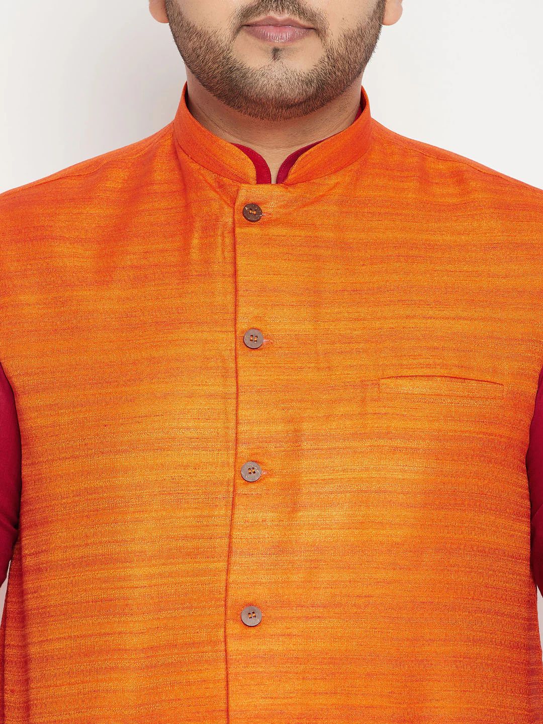 Men's Plus Size Maroon And Orange Cotton Blend Jacket Kurta Pyjama Set - Image 4