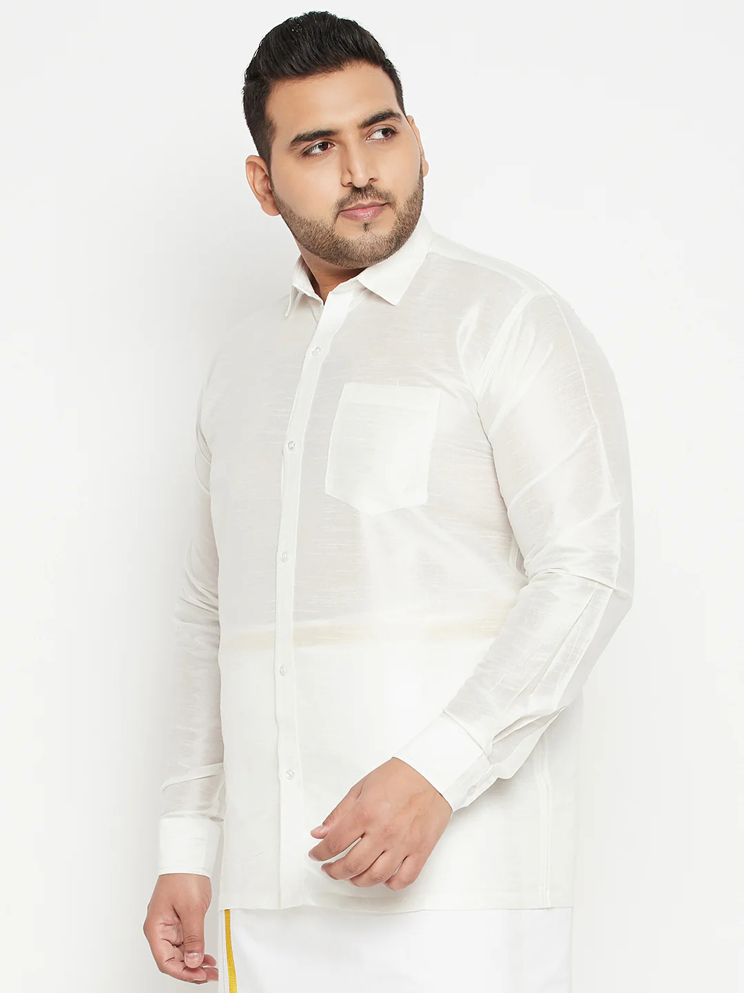 Men's Plus Size White Silk Blend Ethnic Shirt - Image 2