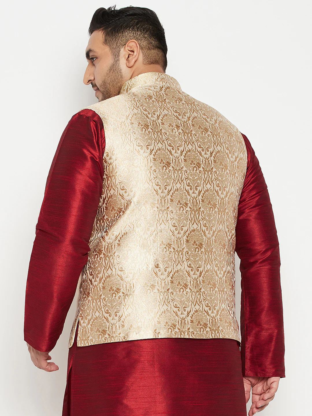 Vastramy Men's Plus Size Rose Gold Brocade Nehru Jacket - Image 3
