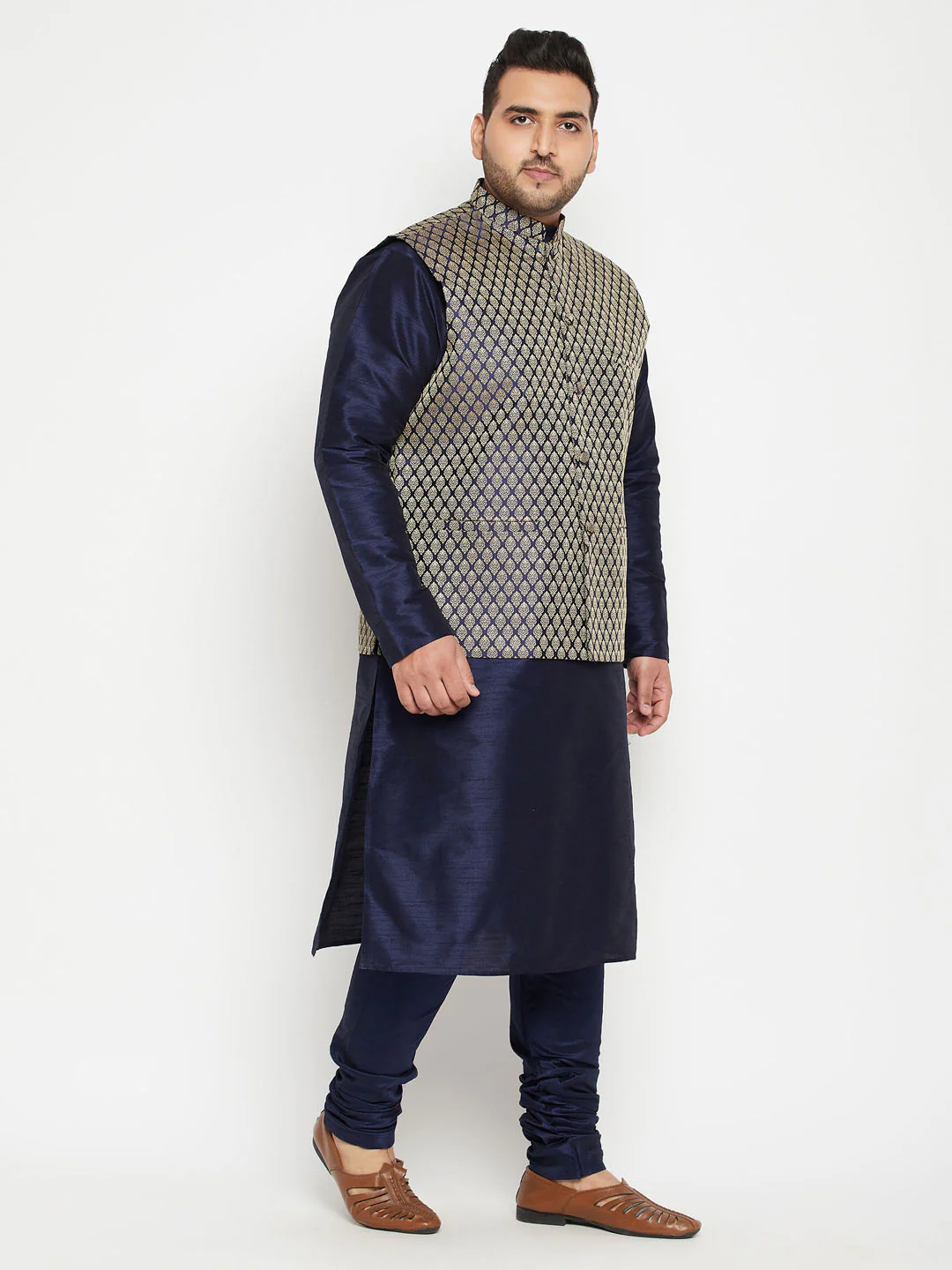 Men's Plus Size Navy Blue Woven Silk Blend Jacket Kurta Pyjama Set - Image 2