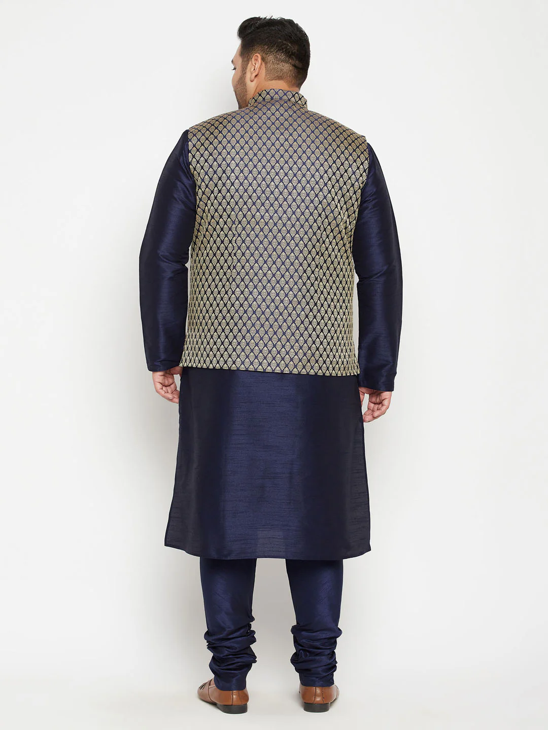 Men's Plus Size Navy Blue Woven Silk Blend Jacket Kurta Pyjama Set - Image 3