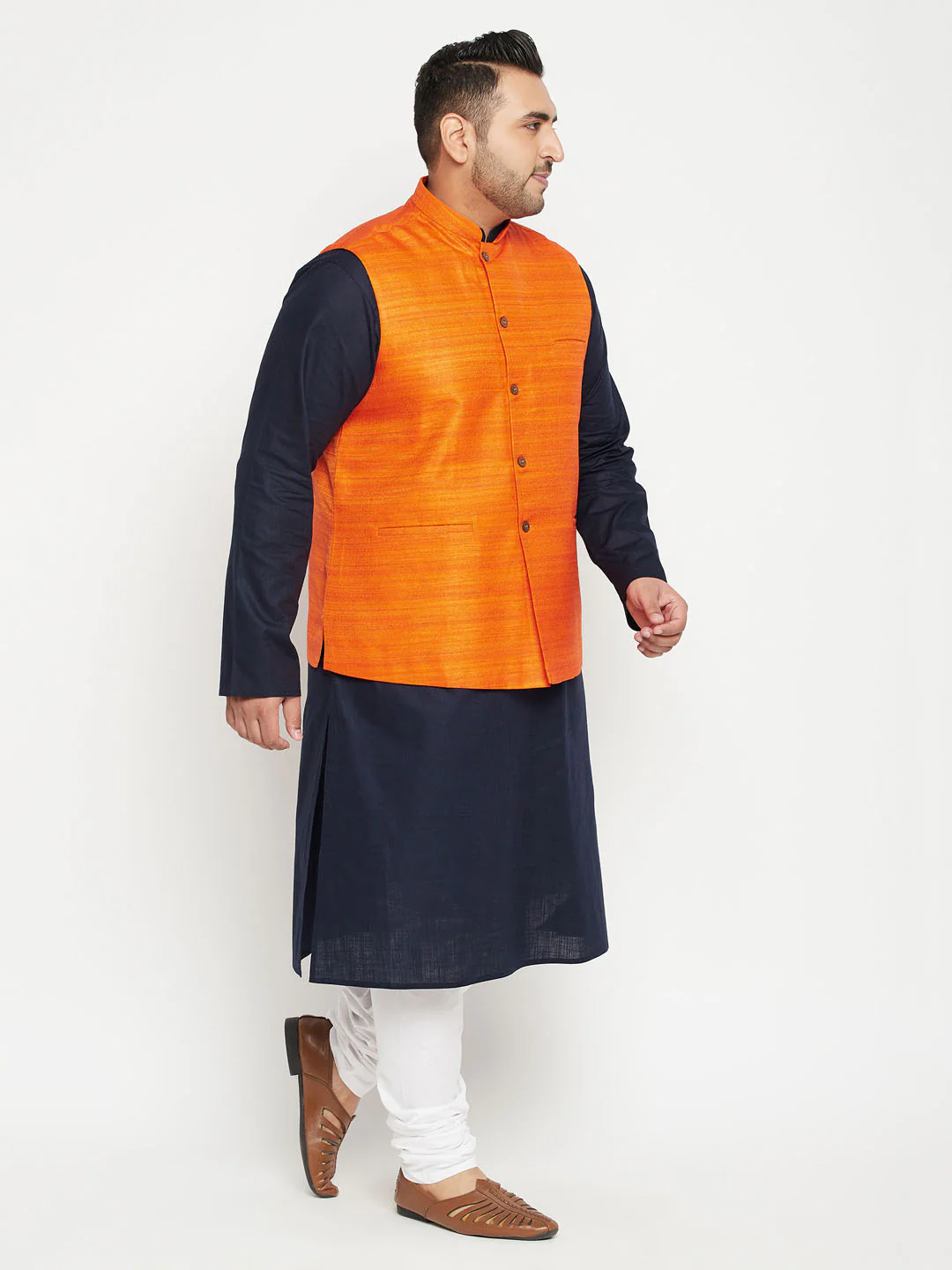 Men's Plus Size Navy Blue And Orange Cotton Blend Jacket Kurta Pyjama Set - Image 2