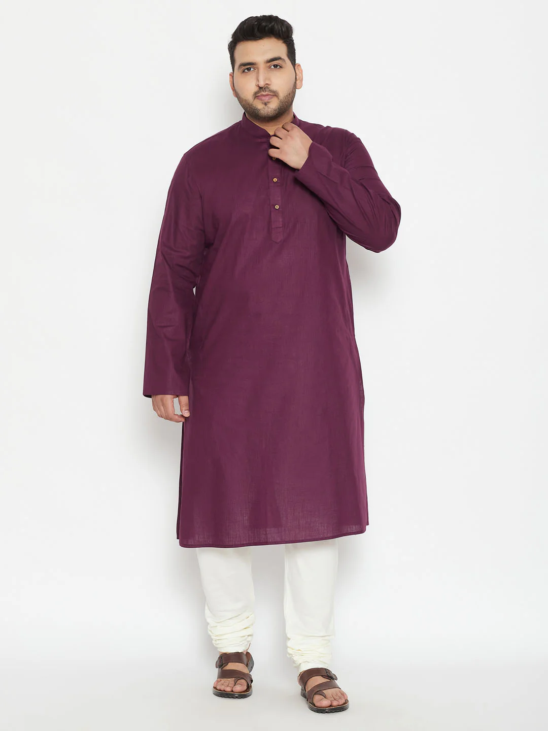 Men's Plus Size Purple And Cream Cotton Blend Kurta Pyjama Set - Image 6