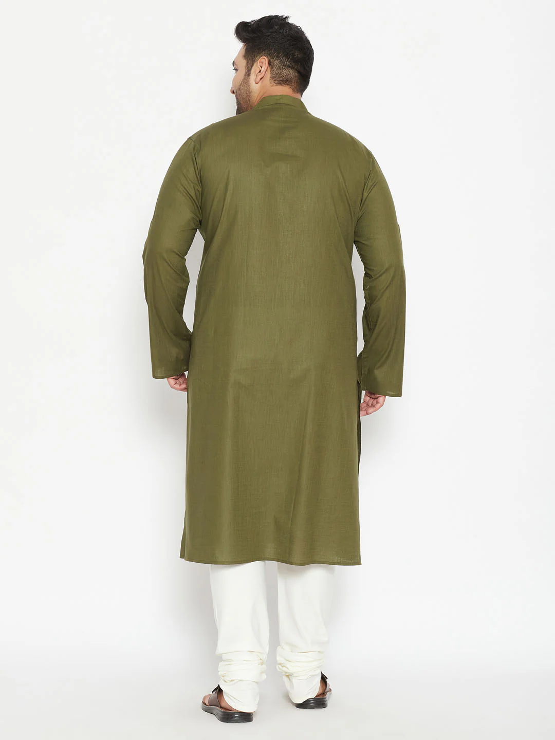 Men's Plus Size Mehendi Green And Cream Cotton Blend Kurta Pyjama Set - Image 3