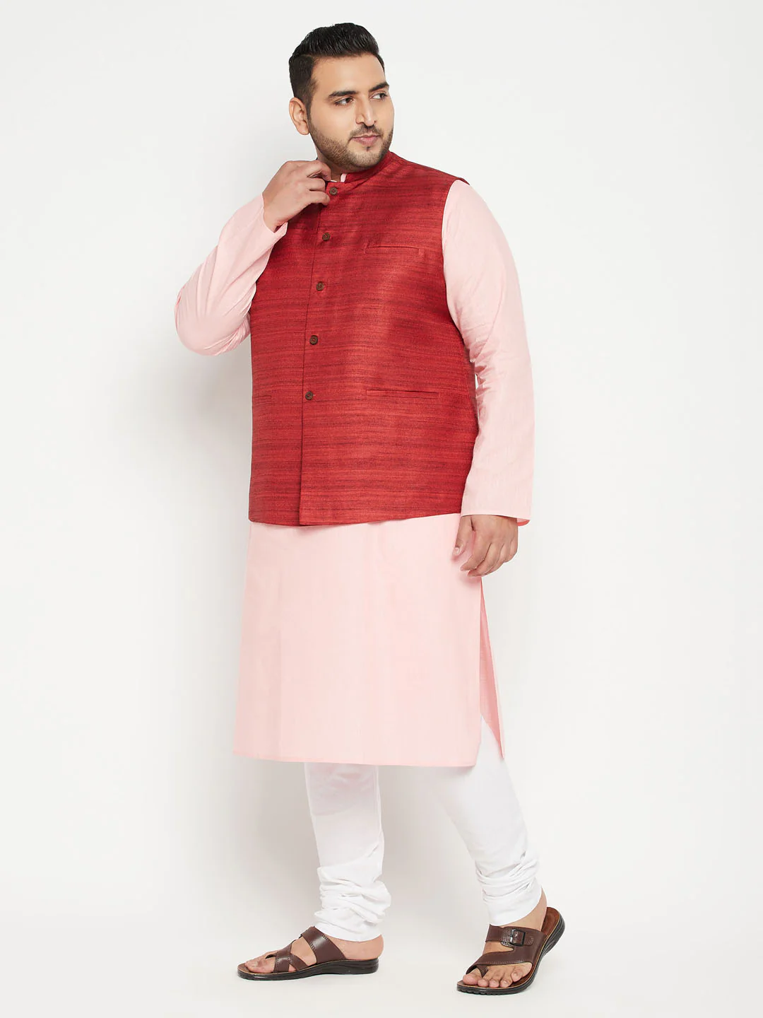 Men's Plus Size Pink And Maroon Cotton Blend Jacket Kurta Pyjama Set - Image 2