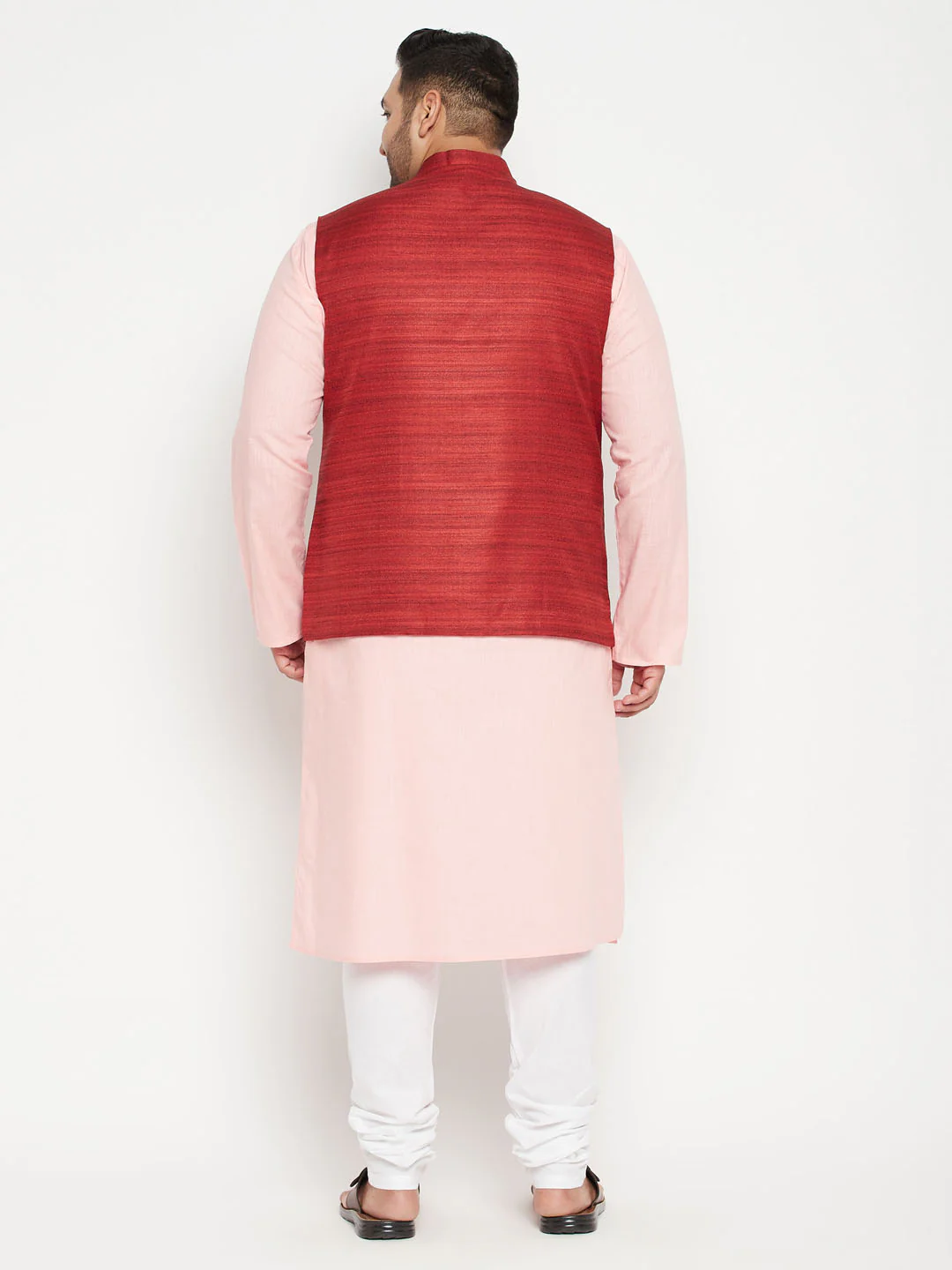 Men's Plus Size Pink And Maroon Cotton Blend Jacket Kurta Pyjama Set - Image 3