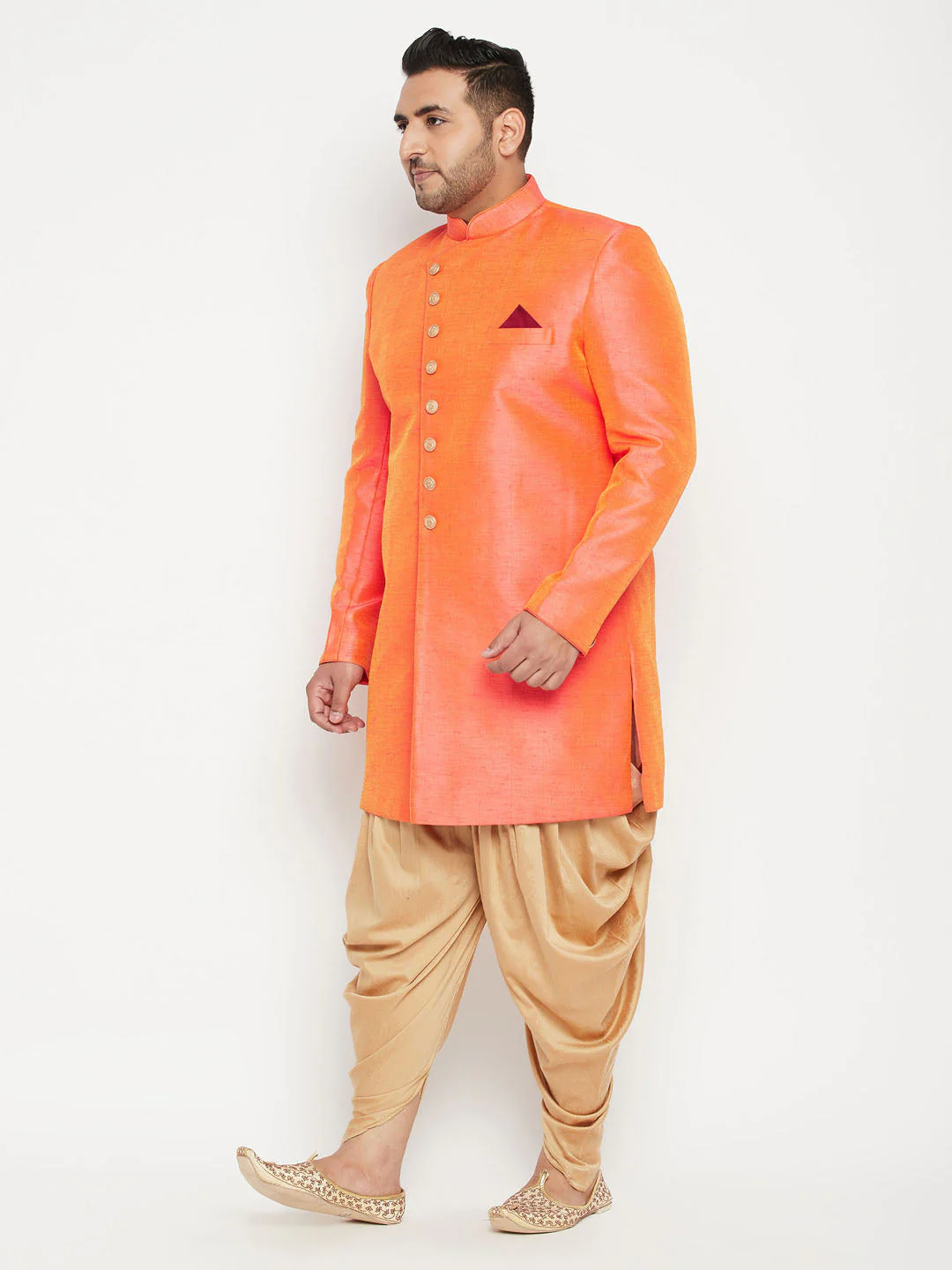 Men's Plus Size Orange Slim Fit Sherwani Set - Image 2