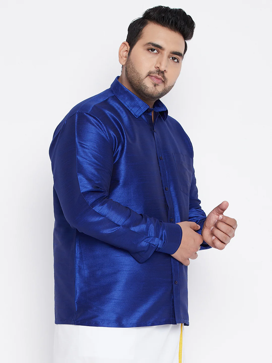 Men's Plus Size Blue Silk Blend Ethnic Shirt - Image 2