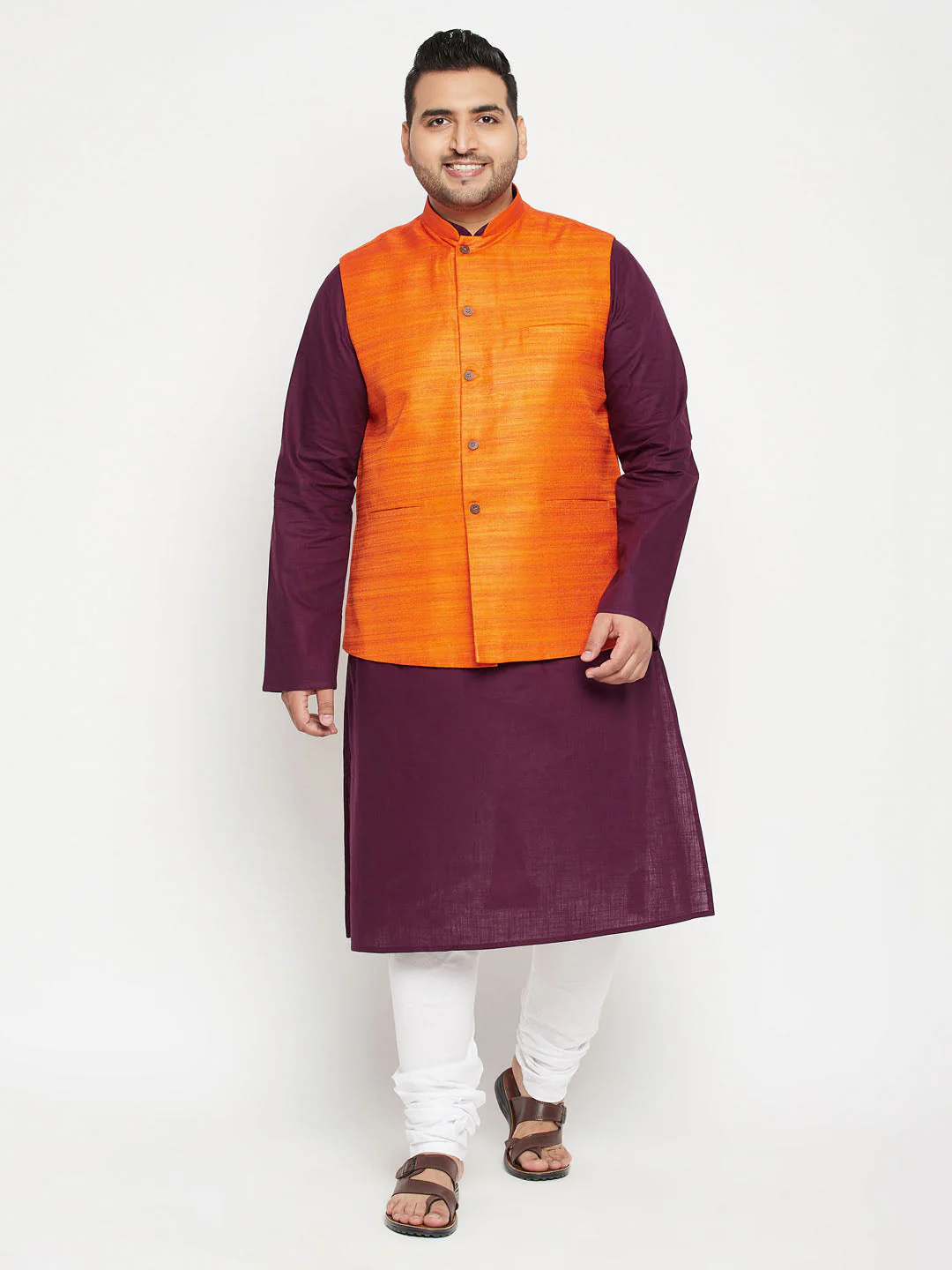 Men's Plus Size Purple And Orange Cotton Blend Jacket Kurta Pyjama Set - Image 7