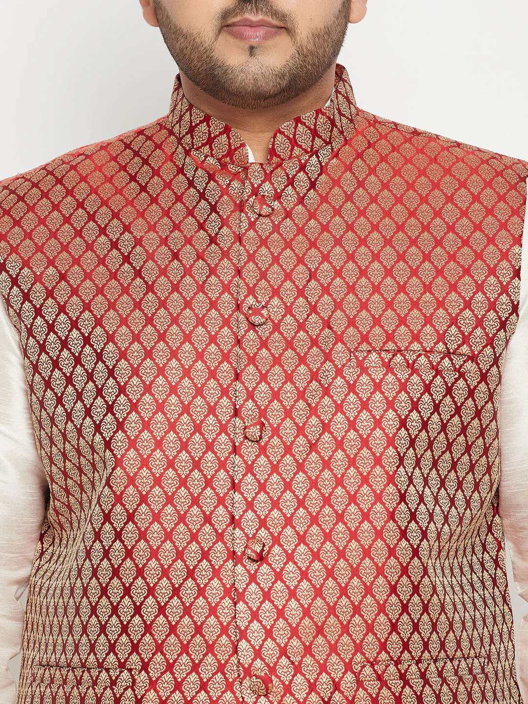 Men's Plus Size Cream And Maroon Silk Blend Jacket Kurta Pyjama Set - Image 4