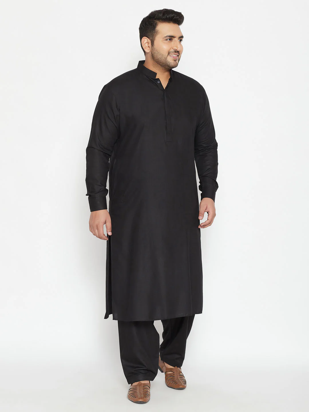 Men's Plus Size Black Cotton Blend Pathani Set