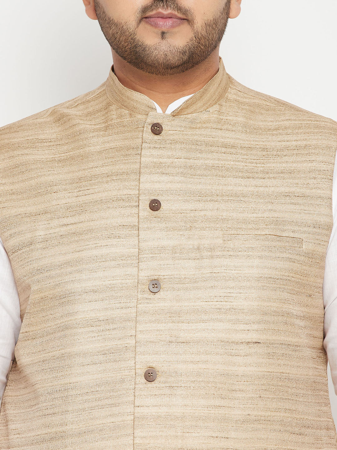 Men's Plus Size White And Beige Cotton Blend Jacket Kurta Pyjama Set - Image 4