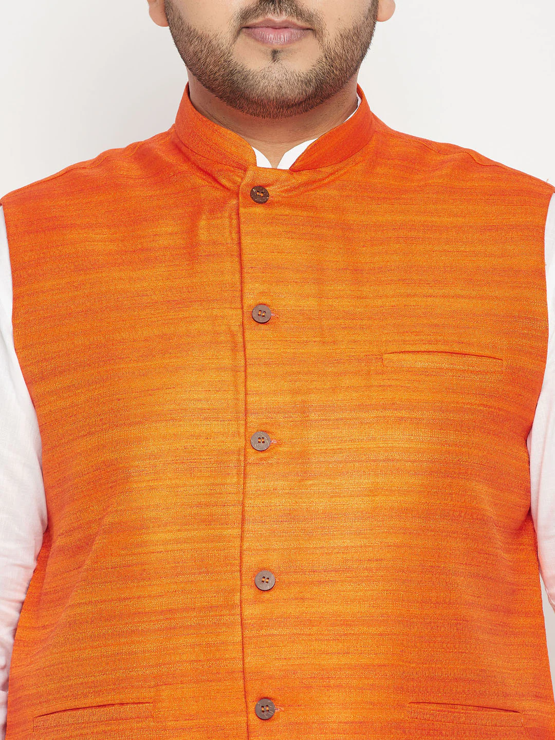 Men's Plus Size White And Orange Cotton Blend Jacket Kurta Pyjama Set - Image 4