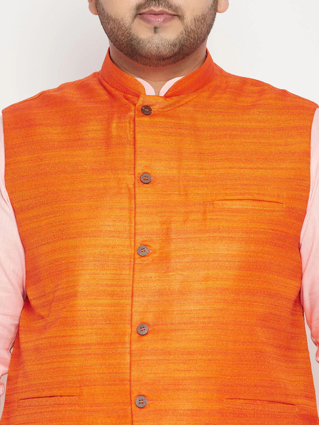 Plus Men's Pink Kurta And White Pyjama With Orange Nehru Jacket Set - Image 4