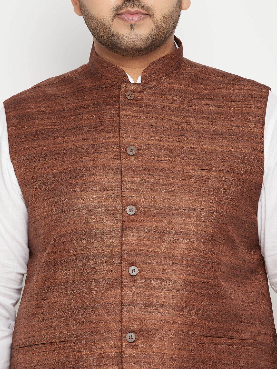 Men's Plus Size White And Coffee Brown Cotton Blend Jacket Kurta Pyjama Set - Image 4