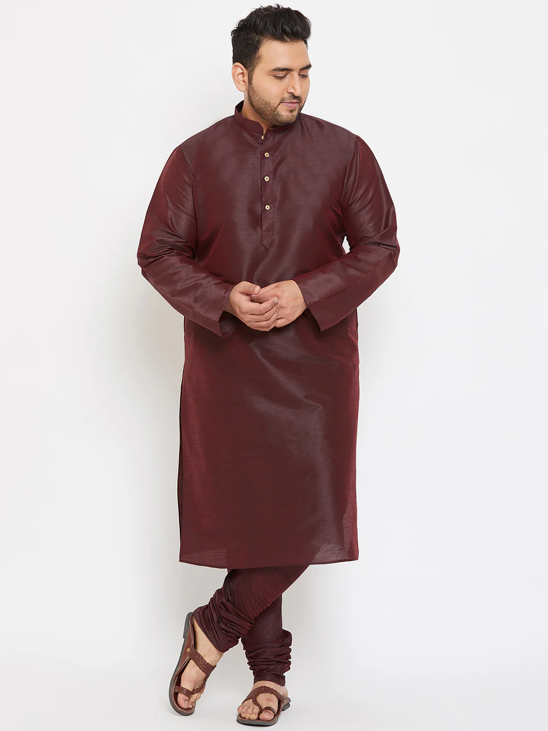 Men's Plus Size Wine Silk Blend Kurta Pyjama Set - Image 6