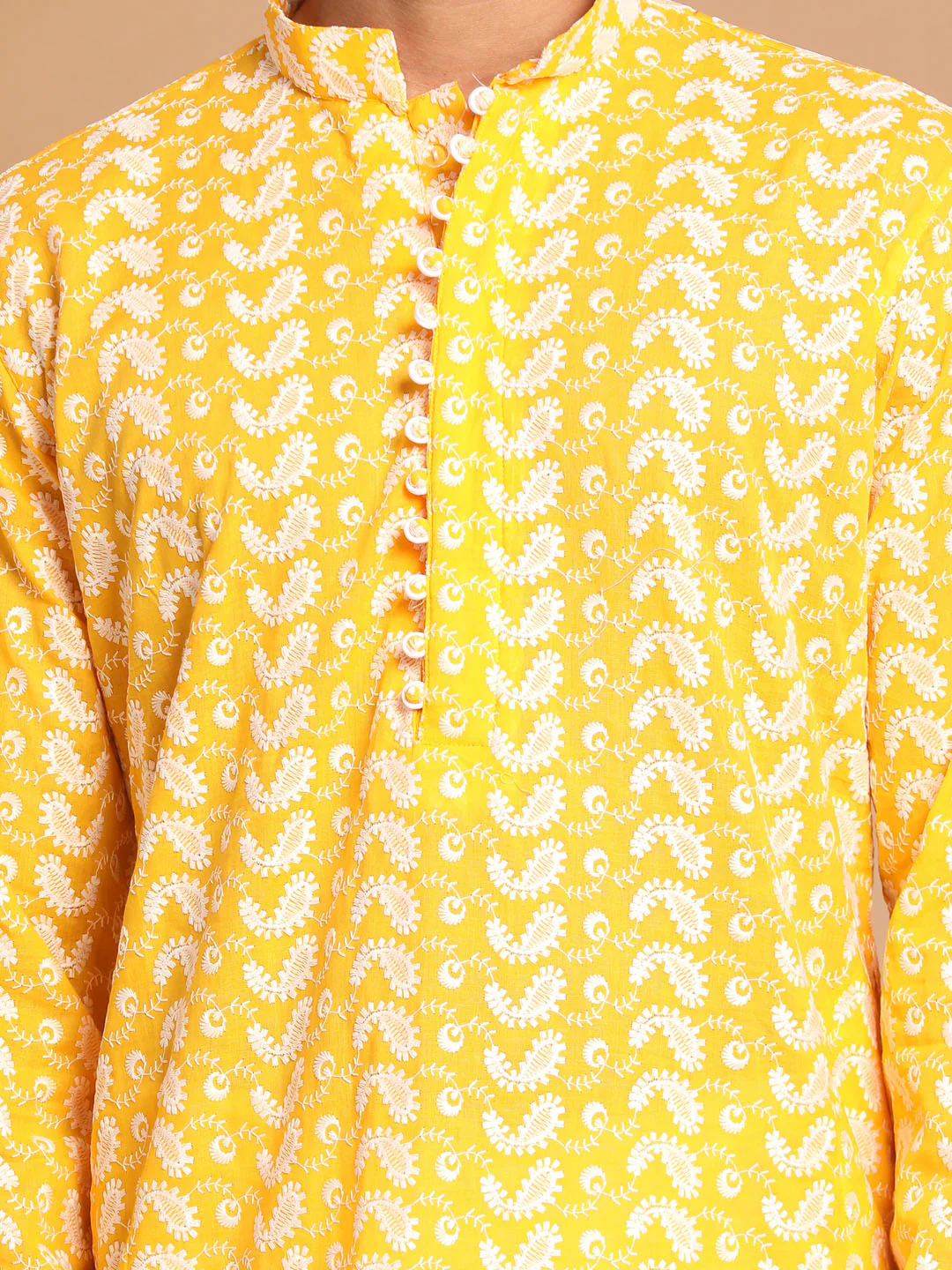 Men's Orange Pure Cotton Chikankari Kurta With Dhoti Set - Image 4
