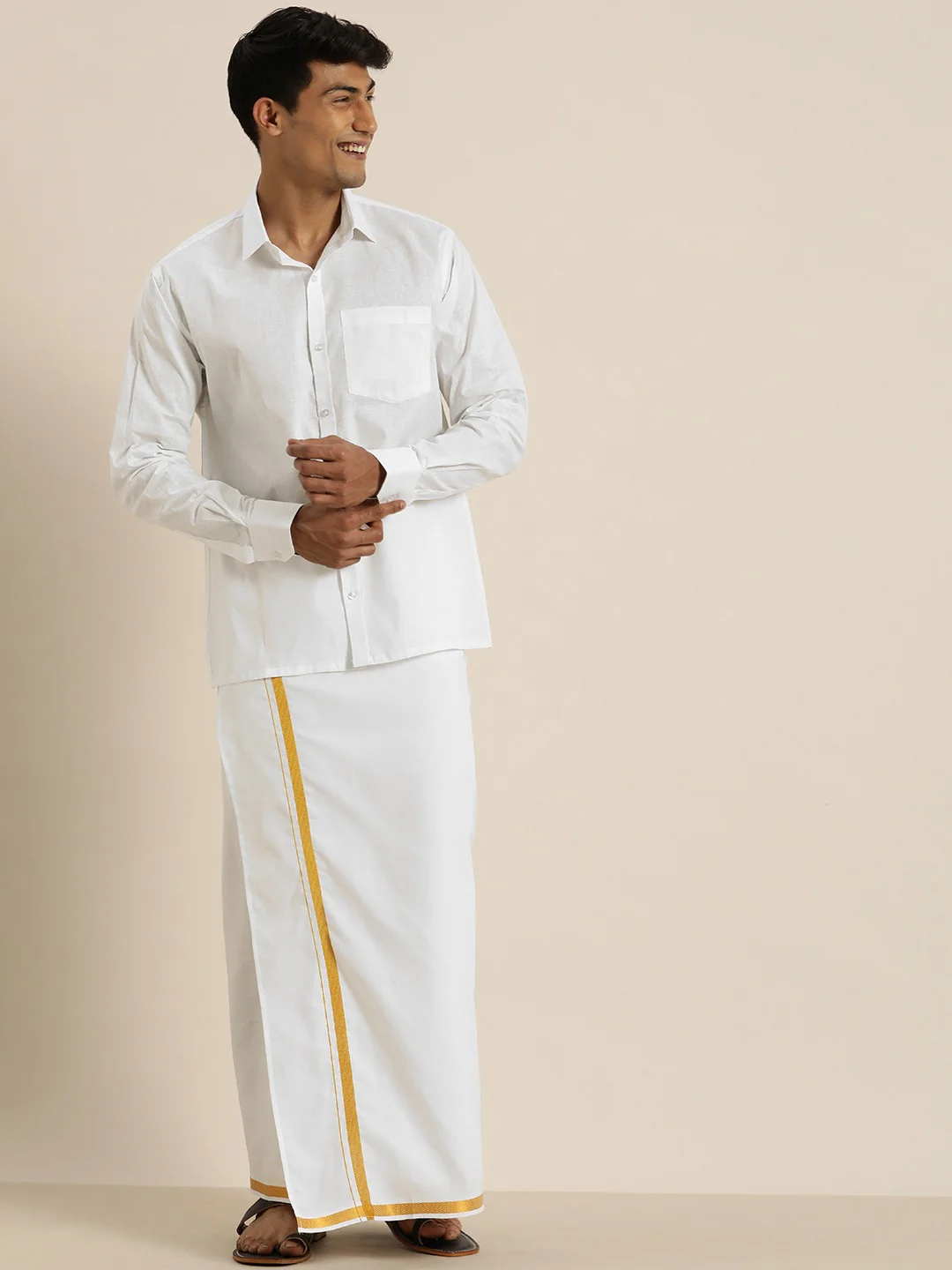 Men's White Cotton Shirt And Mundu Set - Image 2