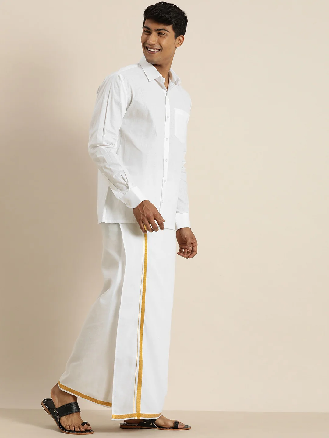 Men's White Cotton Shirt And Mundu Set - Image 3