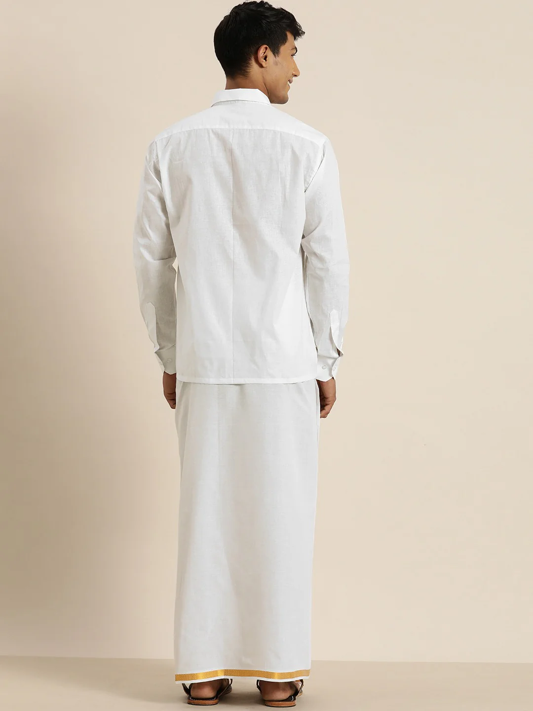 Men's White Cotton Shirt And Mundu Set - Image 4
