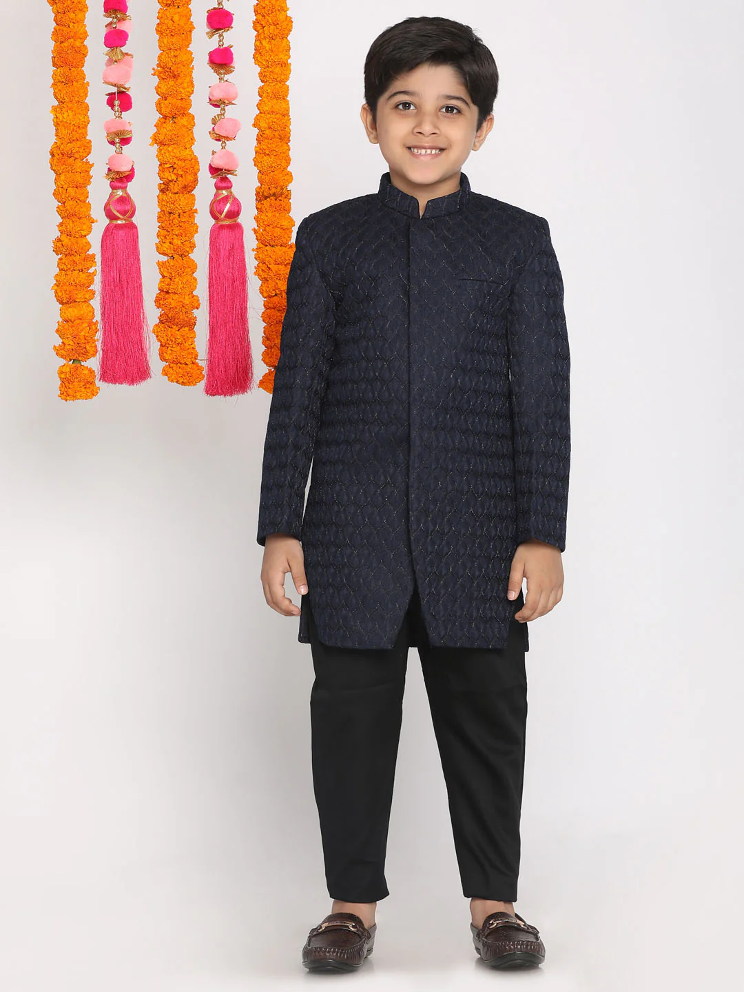 Boy's Navy Blue Embellished Slim-Fit Sherwani Set - Image 5