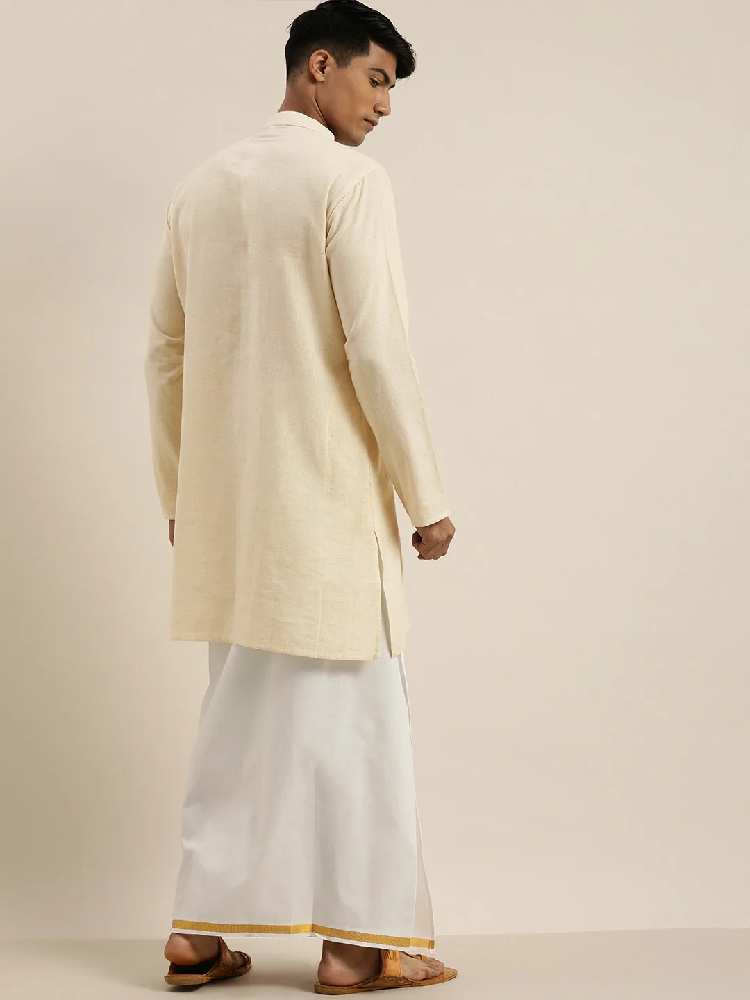 Men Cream Pure Cotton Kurta With Mundu - Image 6