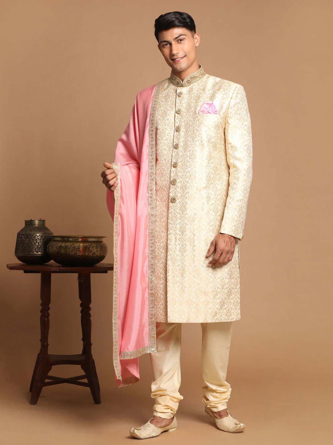 Men's Beige And Gold Embroidered Brocade Sherwani Set With Pink Dupatta - Image 7