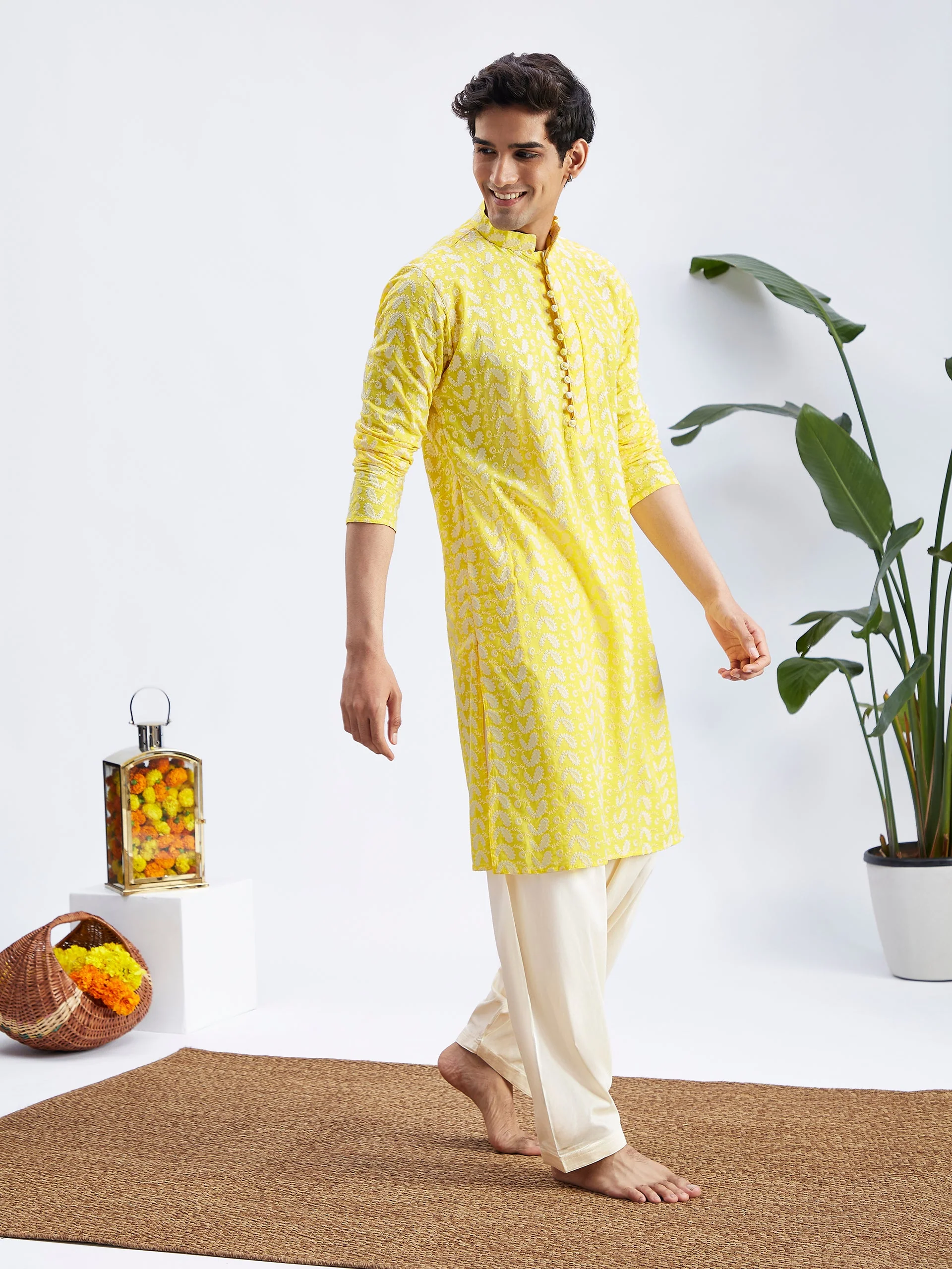 Men's Mustard Pure Cotton Chikankari Kurta With Patiala Set - Image 3