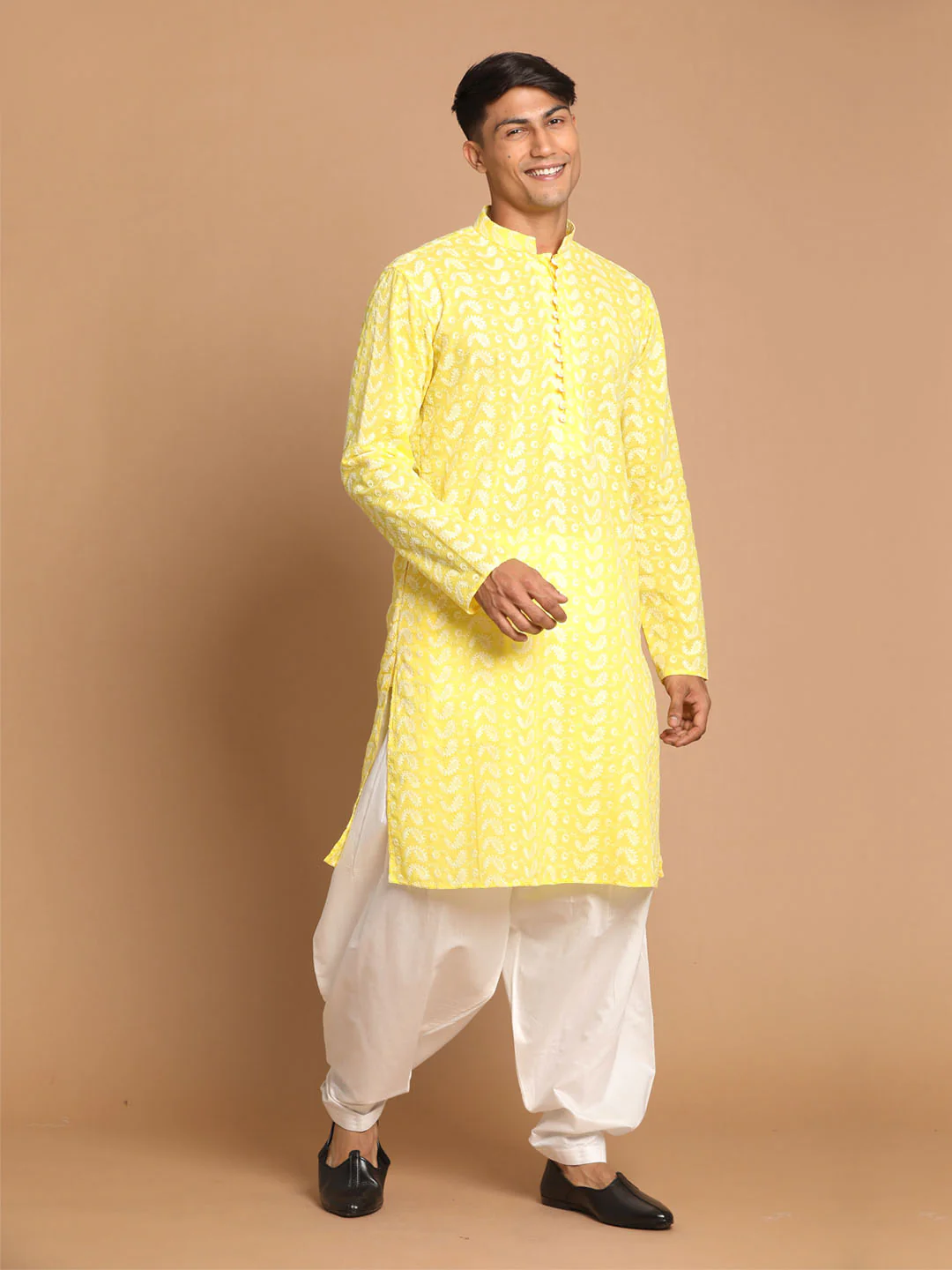 Men's Mustard Pure Cotton Chikankari Kurta With Patiala Set