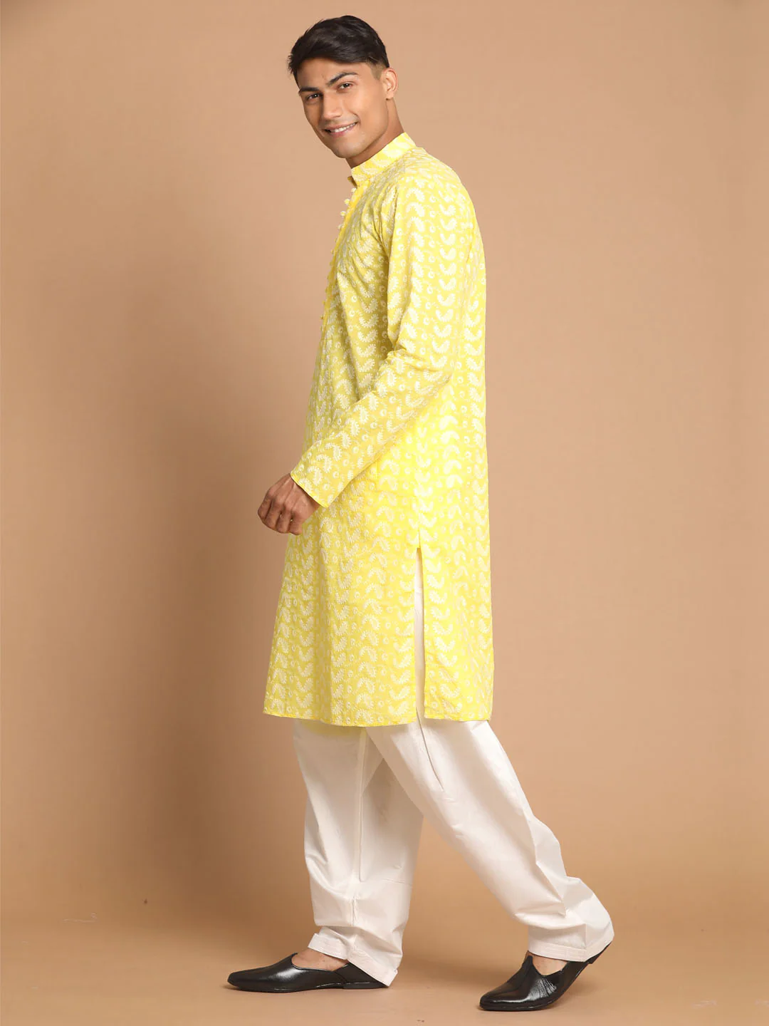 Men's Mustard Pure Cotton Chikankari Kurta With Patiala Set - Image 2
